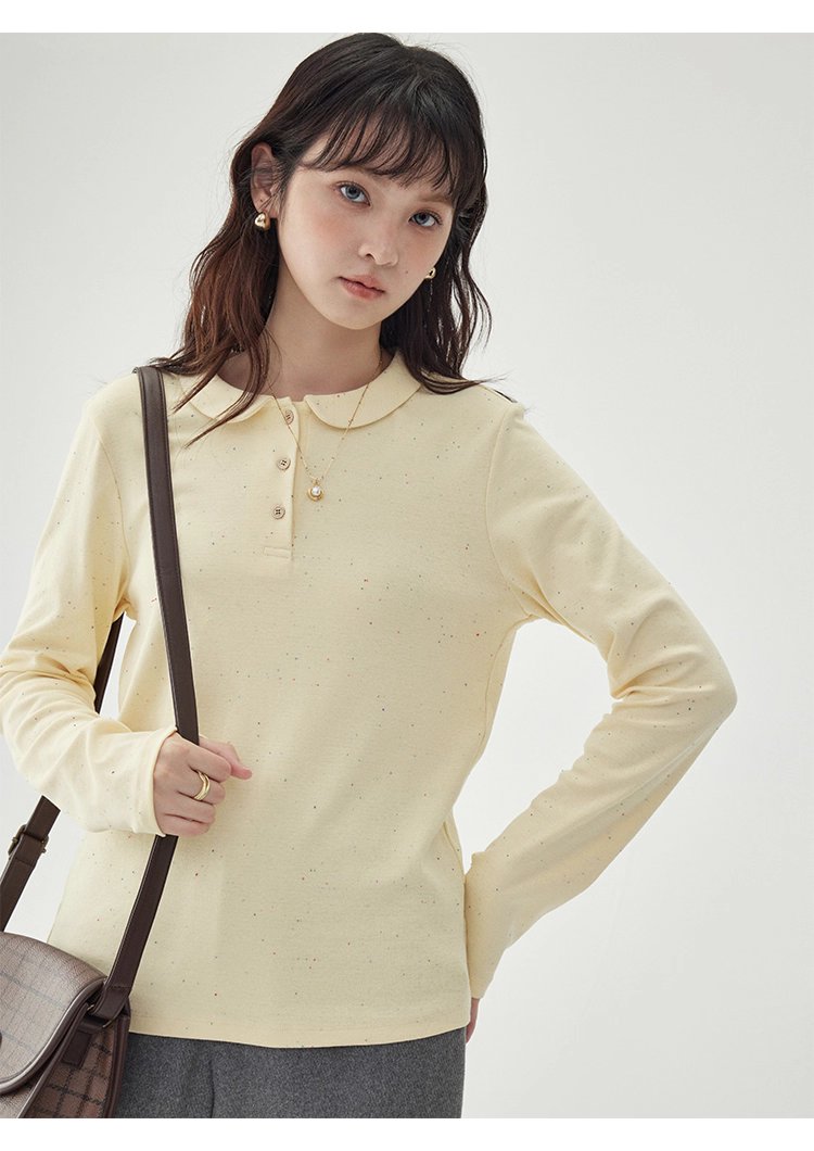 彩點小翻領長袖T恤女秋季新款時尚百搭上衣