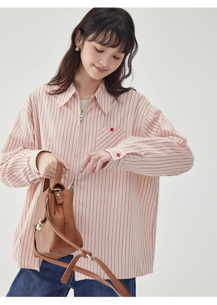 粉紅色圖案雙拉鍊長袖襯衫女秋季新款純棉外套上衣