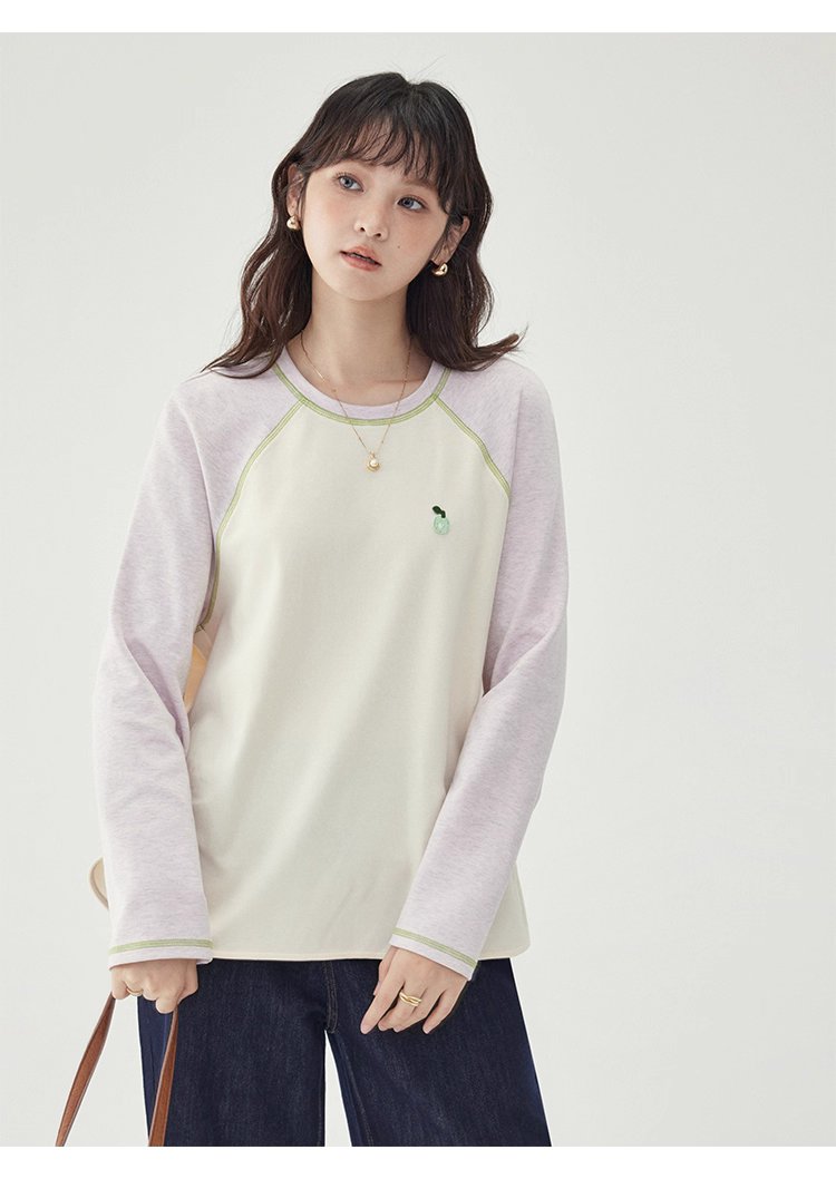 撞色插肩長袖側開叉T恤女秋季新款減齡刺繡上衣