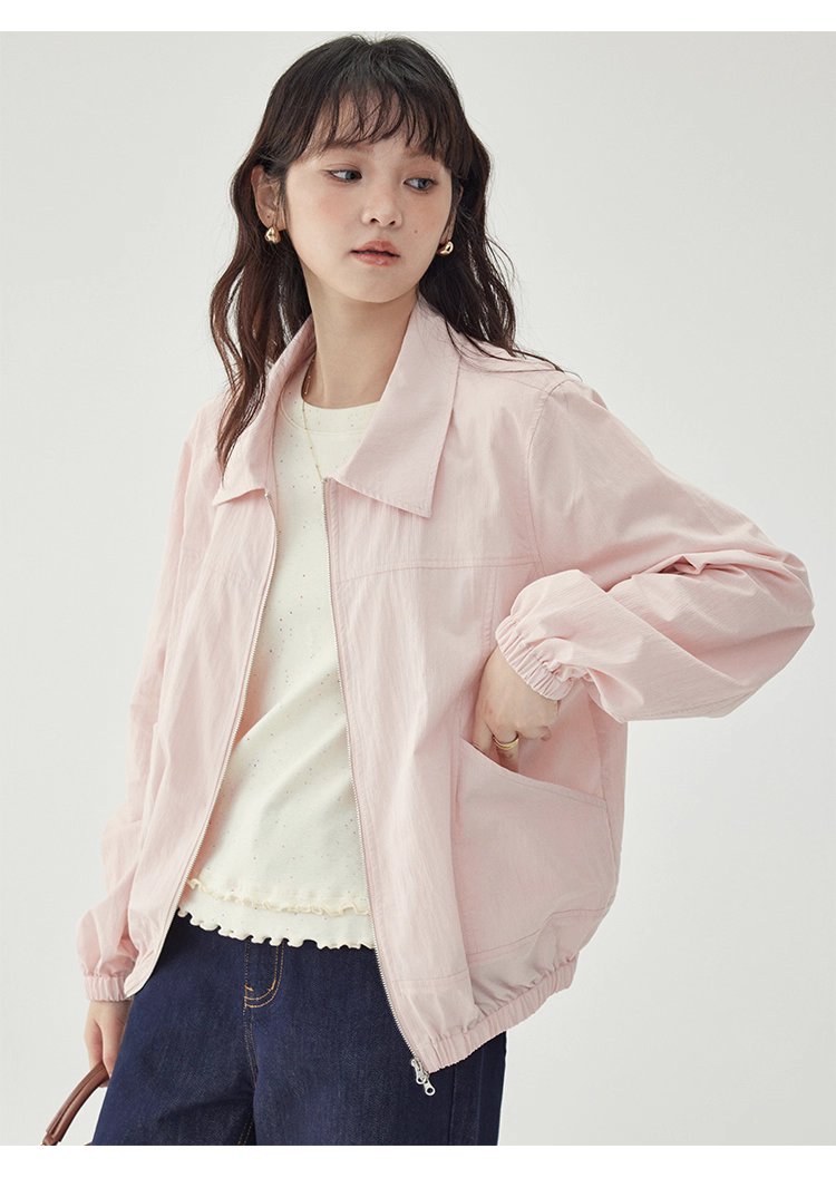 少女感粉紅拉鍊長袖外套女秋季新款翻領短版上衣
