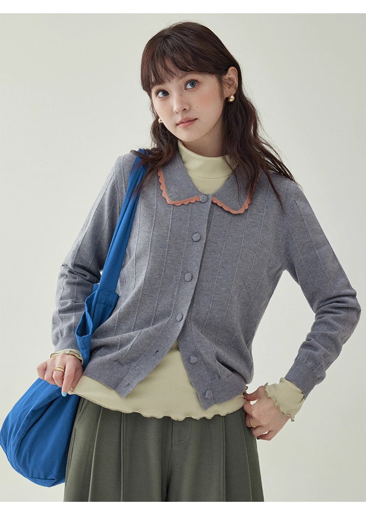 韓系撞色翻領針織開襟衫女秋季新款單排扣長袖上衣