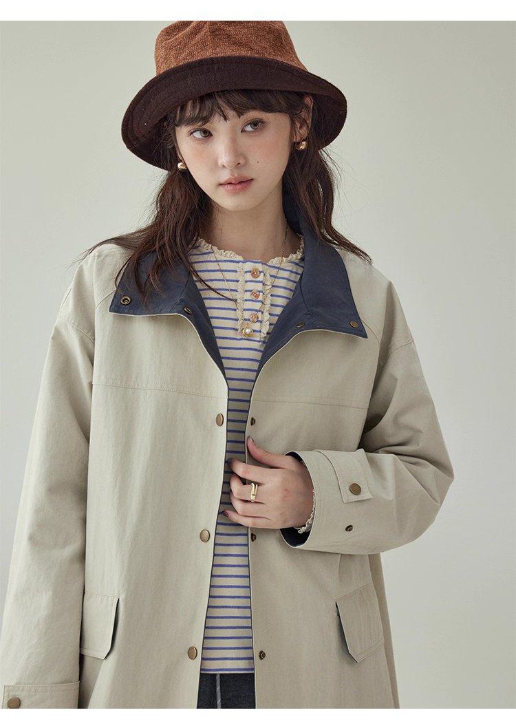 日系純色立領長風衣外套女秋新款寬鬆長袖上衣