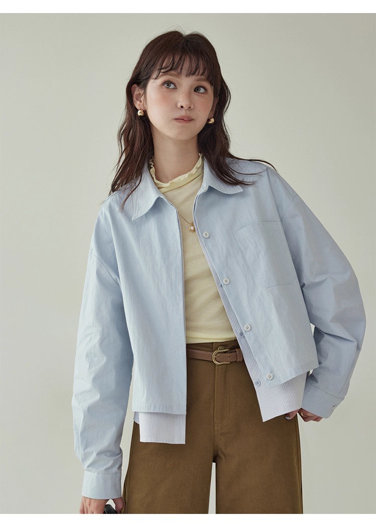 藍色假兩件外套襯衫女秋季超好看單排扣長袖上衣,藍色假兩件外套襯衫女秋季超好看單排扣長袖上衣,HBEW5073,藍色假兩件外套襯衫女秋季超好看單排扣長袖上衣,假兩件式,造型加分