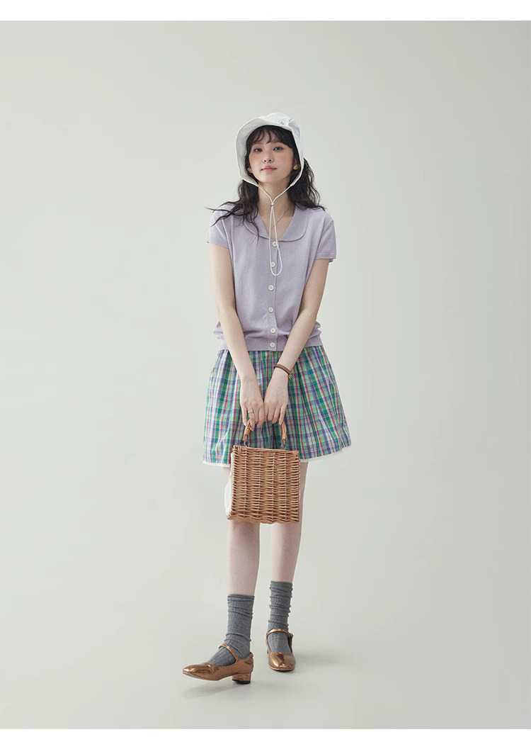 溫柔紫色娃娃v領針織衫女夏季新款短袖扣上衣