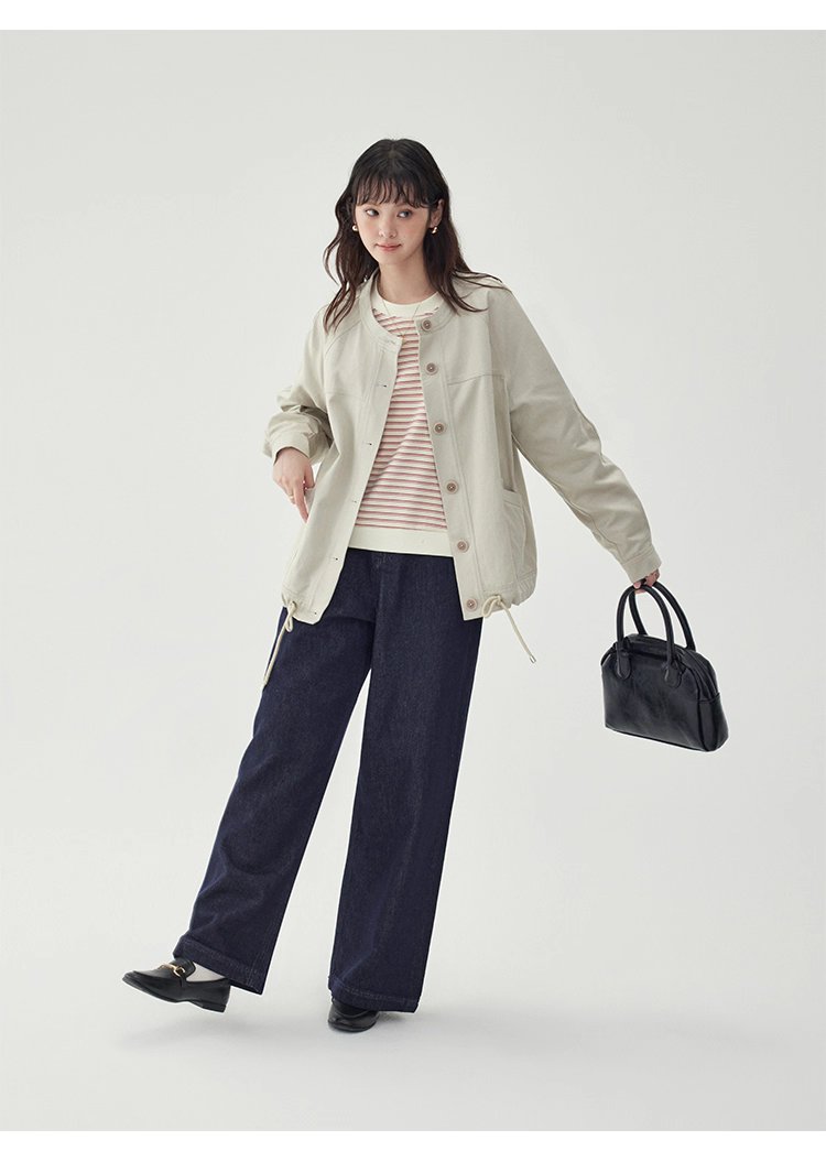 純色單排扣抽繩下擺外套女秋季新款圓領長袖上衣