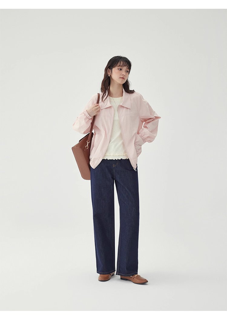 少女感粉紅拉鍊長袖外套女秋季新款翻領短版上衣