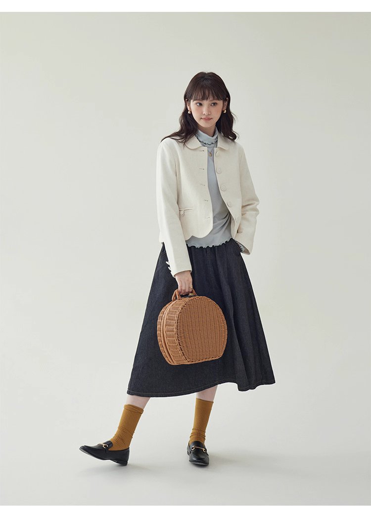 小香風純色單排扣短外套女秋新款波浪擺長袖上衣