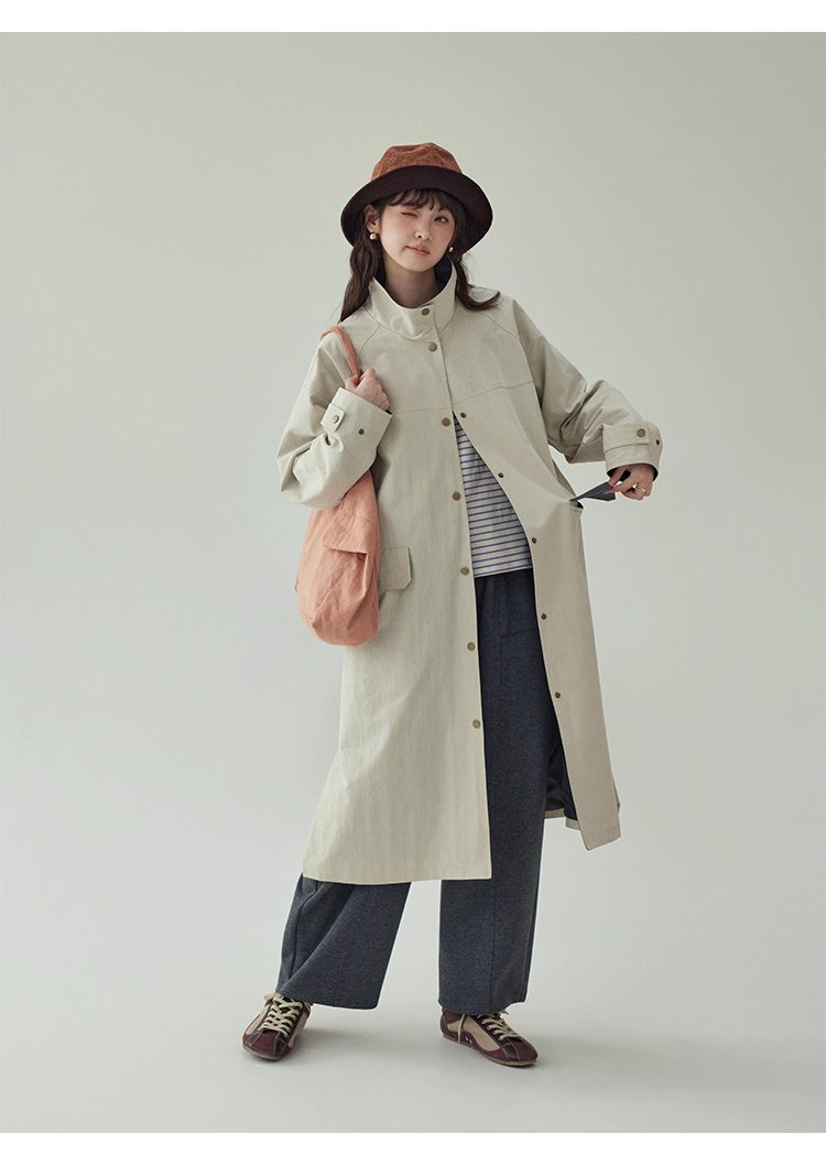 日系純色立領長風衣外套女秋新款寬鬆長袖上衣