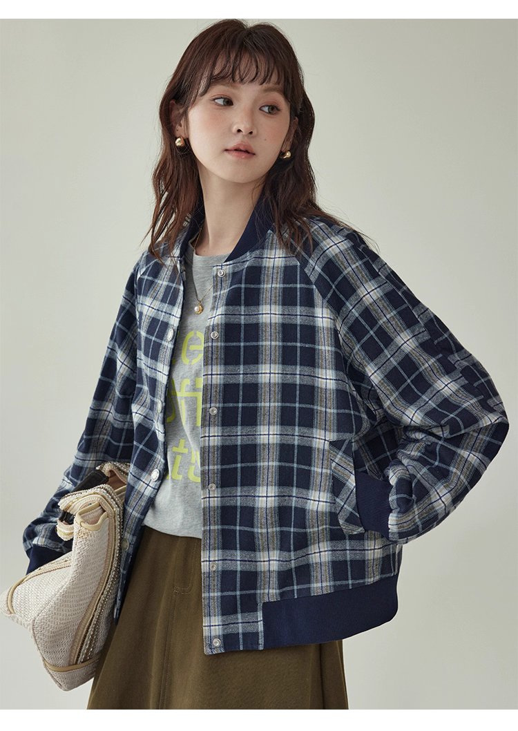 撞色格紋插肩袖摁扣外套女秋季新款長袖外套上衣