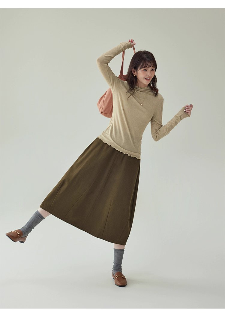 復古純色a字純棉半身裙女秋季新款後鬆緊花苞裙