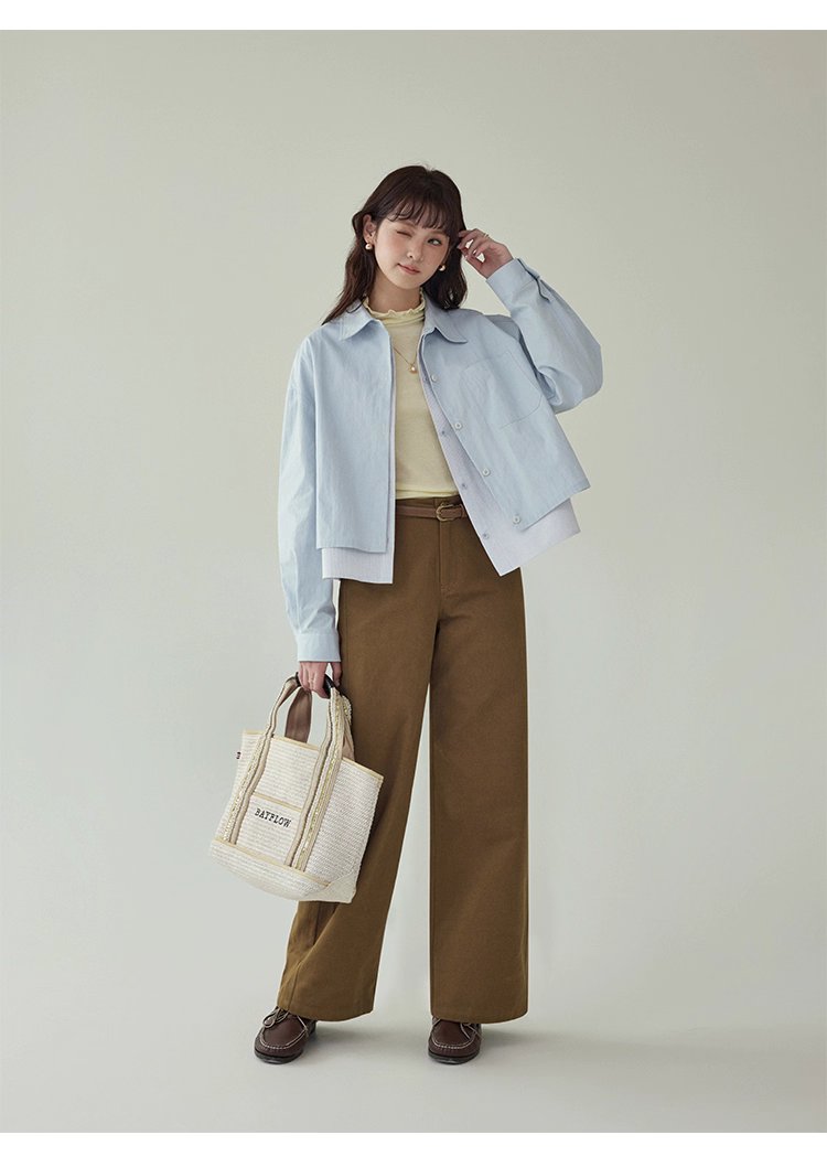 藍色假兩件外套襯衫女秋季超好看單排扣長袖上衣,藍色假兩件外套襯衫女秋季超好看單排扣長袖上衣,HBEW5073,藍色假兩件外套襯衫女秋季超好看單排扣長袖上衣,假兩件式,造型加分