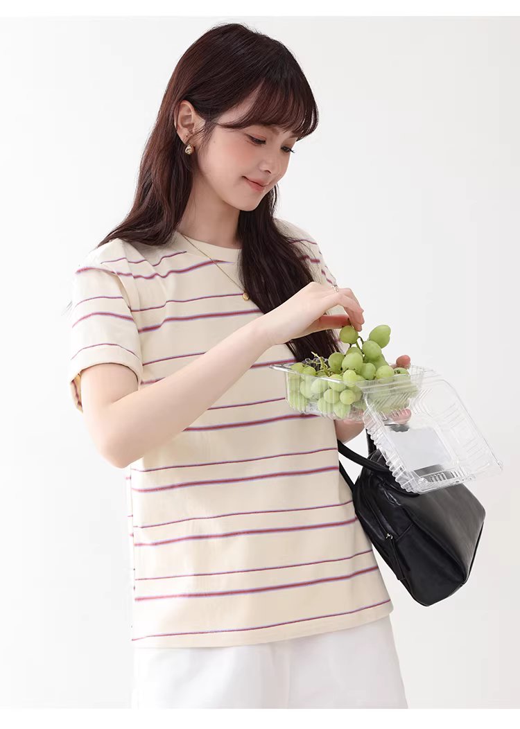 多巴胺撞色條紋落肩短袖T恤女夏季新款甜美圓領上衣,多巴胺撞色條紋落肩短袖T恤女夏季新款甜美圓領上衣,HBFS1050,多巴胺撞色條紋落肩短袖T恤女夏季新款甜美圓領上衣,撞色橫紋,舒適面料