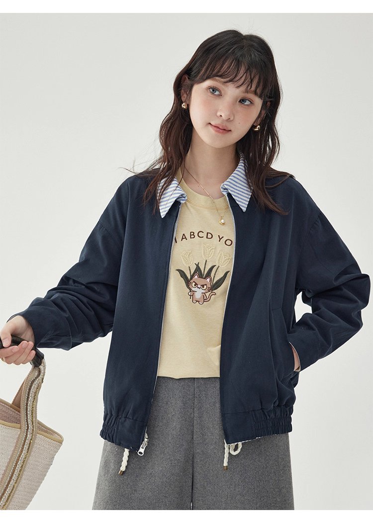 韓國翻領兩面穿拉鍊外套女秋季新款純棉長袖上衣