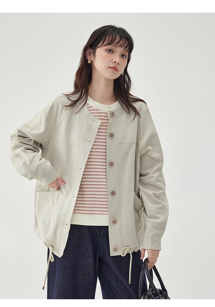 純色單排扣抽繩下擺外套女秋季新款圓領長袖上衣