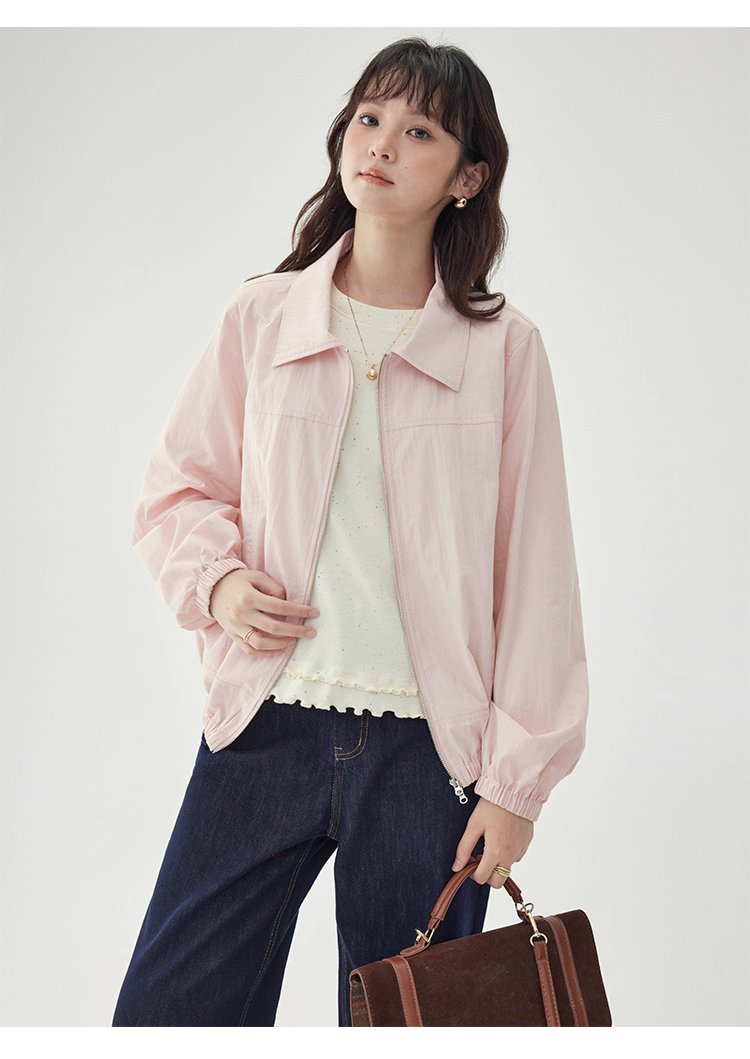 少女感粉紅拉鍊長袖外套女秋季新款翻領短版上衣