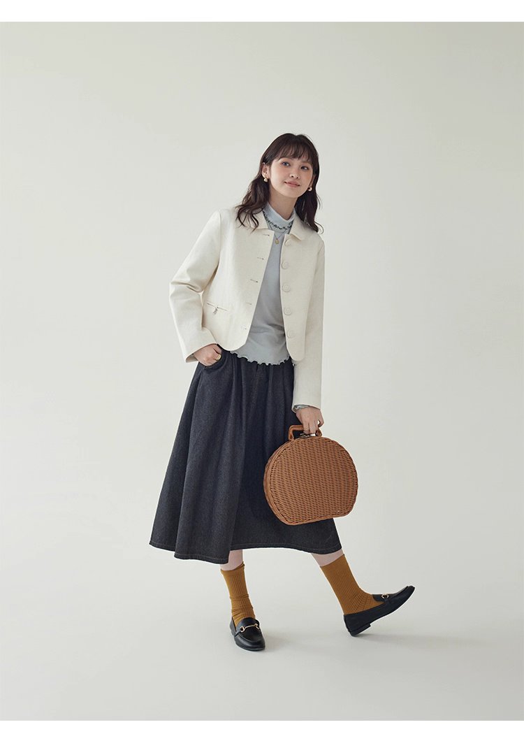 小香風純色單排扣短外套女秋新款波浪擺長袖上衣