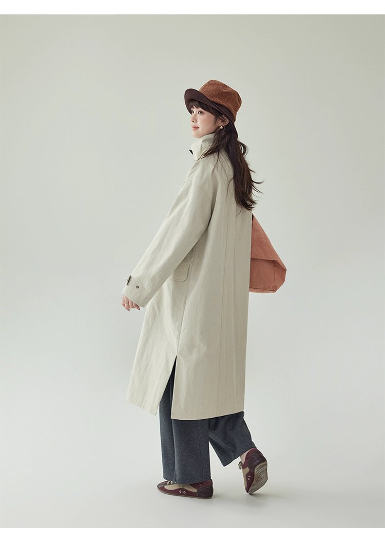 日系純色立領長風衣外套女秋新款寬鬆長袖上衣