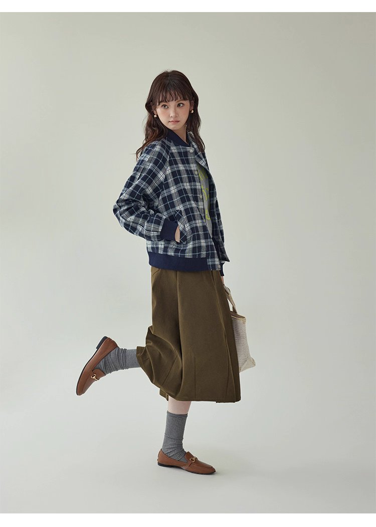 撞色格紋插肩袖摁扣外套女秋季新款長袖外套上衣