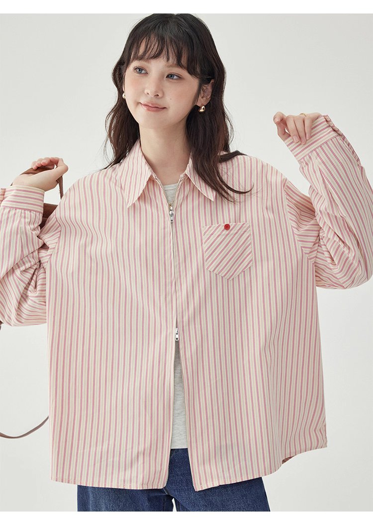 粉紅色圖案雙拉鍊長袖襯衫女秋季新款純棉外套上衣