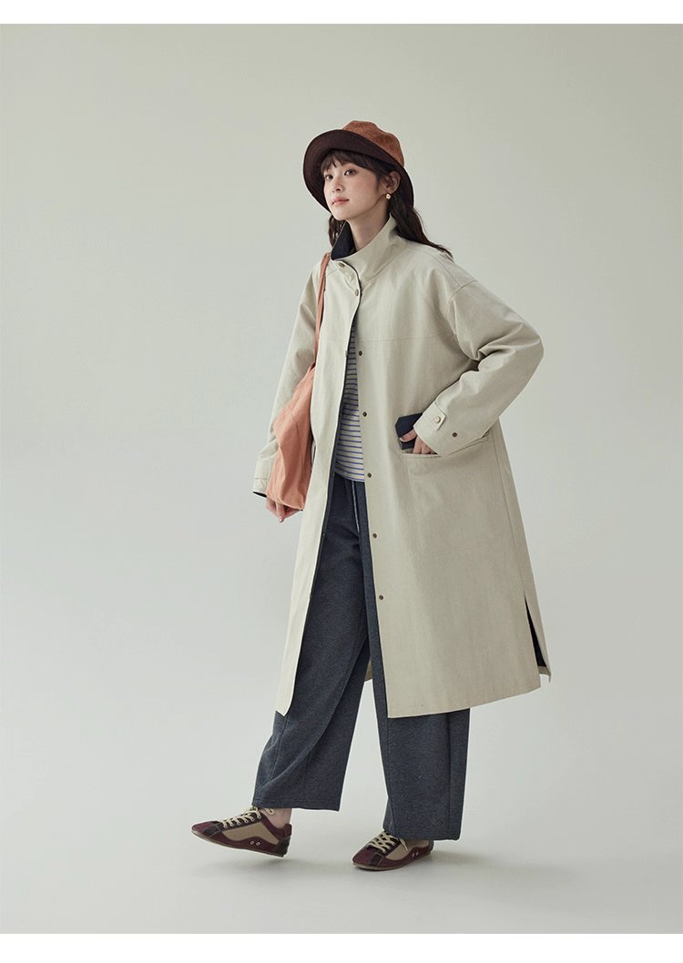 日系純色立領長風衣外套女秋新款寬鬆長袖上衣