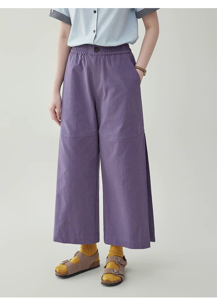 紫色鬆緊高腰寬腿休閒褲女夏季新款小眾寬鬆長褲
