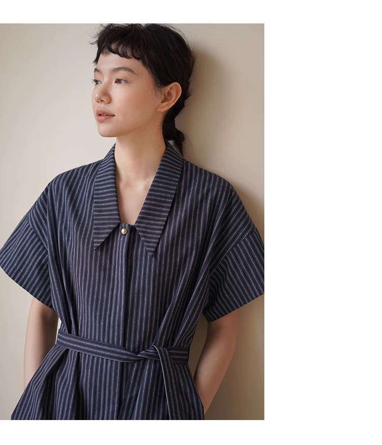 復古港風條紋寬鬆H版顯瘦氣質通勤腰帶短袖襯衫洋裝女