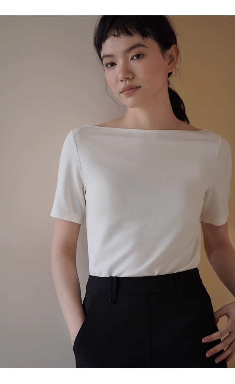 平衡通勤感舒適長期主義高智基礎款一字領T卹顯瘦上衣女