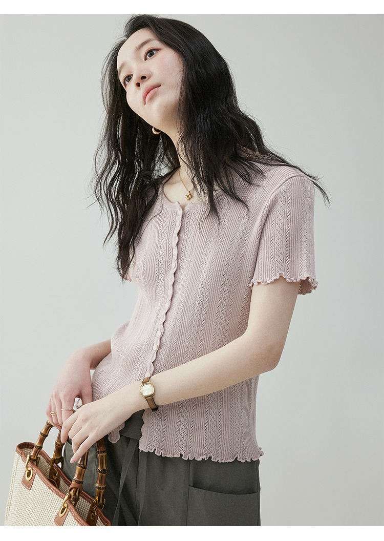木耳邊休閒圓領針織T卹減齡寬鬆百搭上衣
