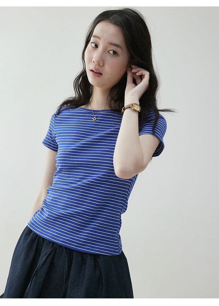 韓國撞色條紋修身顯瘦T卹女夏季百搭休閒圓領套頭上衣