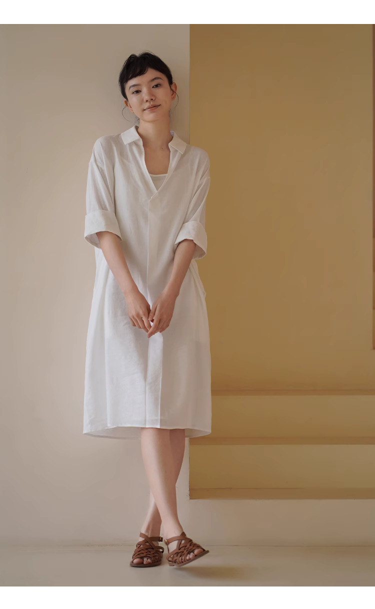 清晰竹節肌理柔光亞麻清涼寬鬆防透兩件式襯衫洋裝女