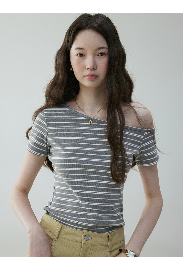 韓國條紋露肩顯瘦短袖T卹女夏季新款斜肩百搭上衣