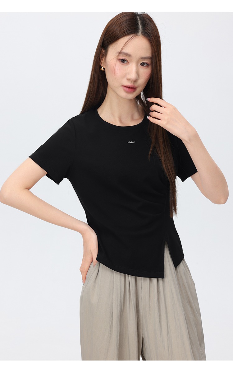短袖顯瘦正肩側開叉t卹女夏裝設計感黑色上衣