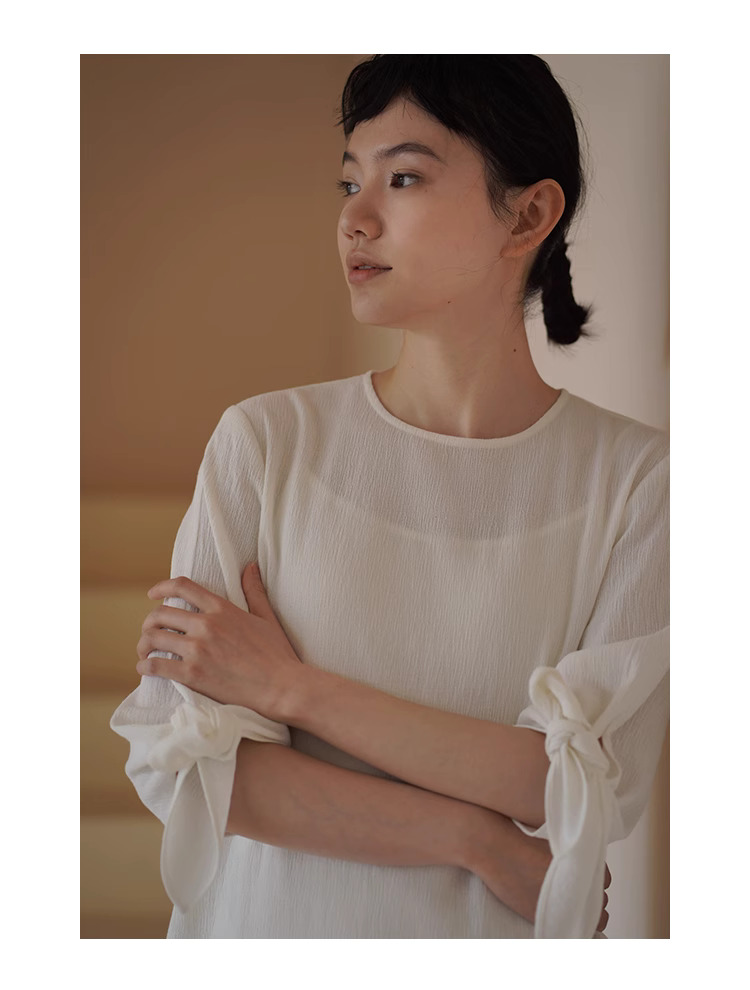 夏夜晚風溫柔洋裝網格肌理織造寬鬆顯瘦繫帶袖口裙子