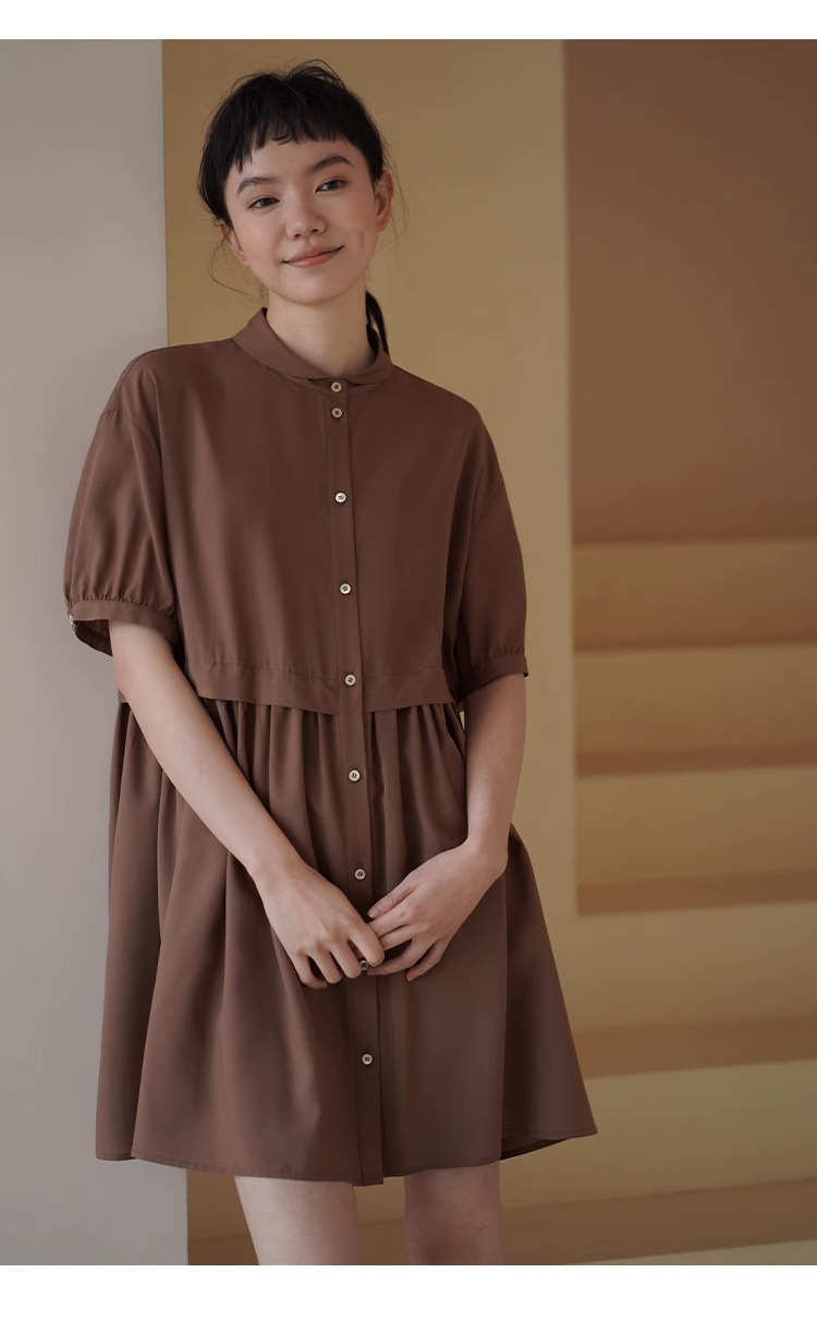 復古烤肉桂洋裝精緻小翻領寬鬆垂順顯瘦A字短裙女