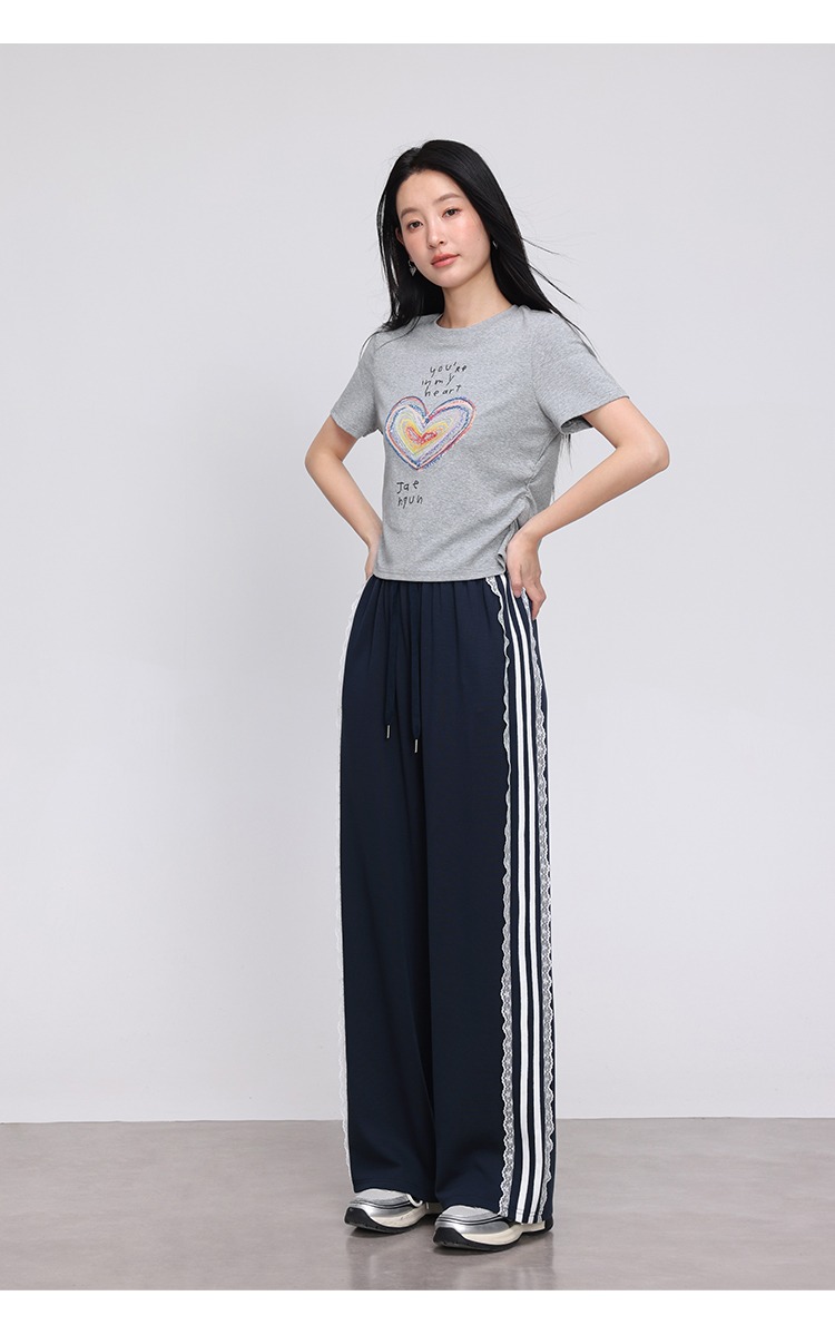 胖mm運動休閒褲女直筒闊腿褲夏季蕾絲滾邊褲子
