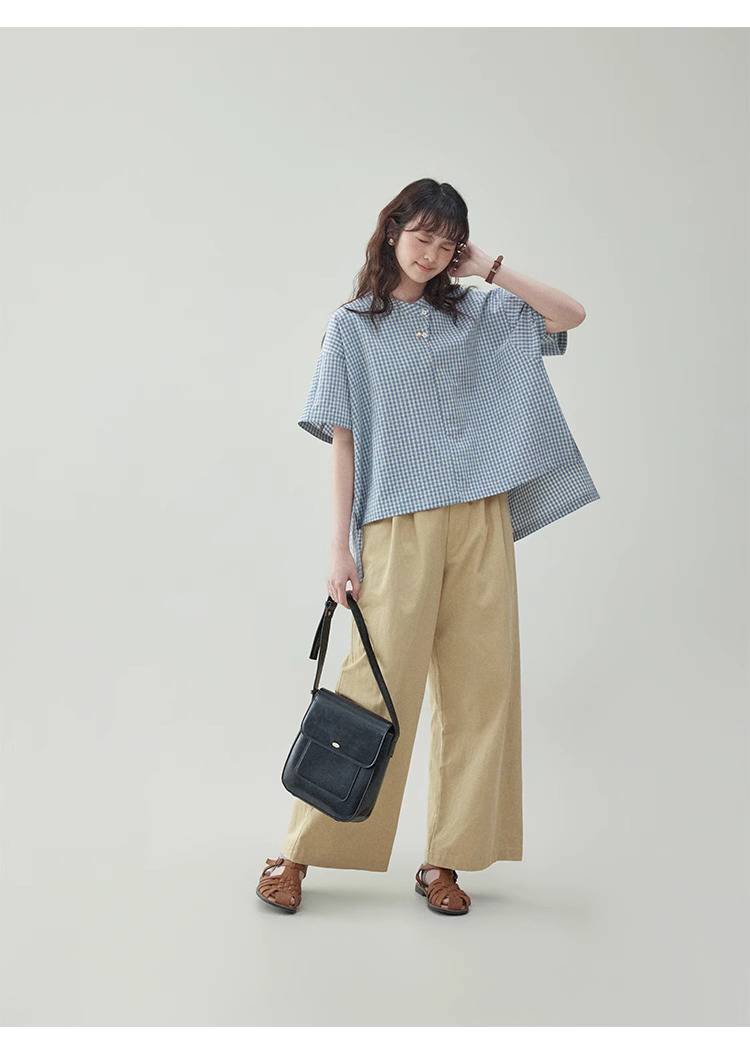 藍格紋不規則蝙蝠袖襯衫女夏季新款寬鬆套頭上衣