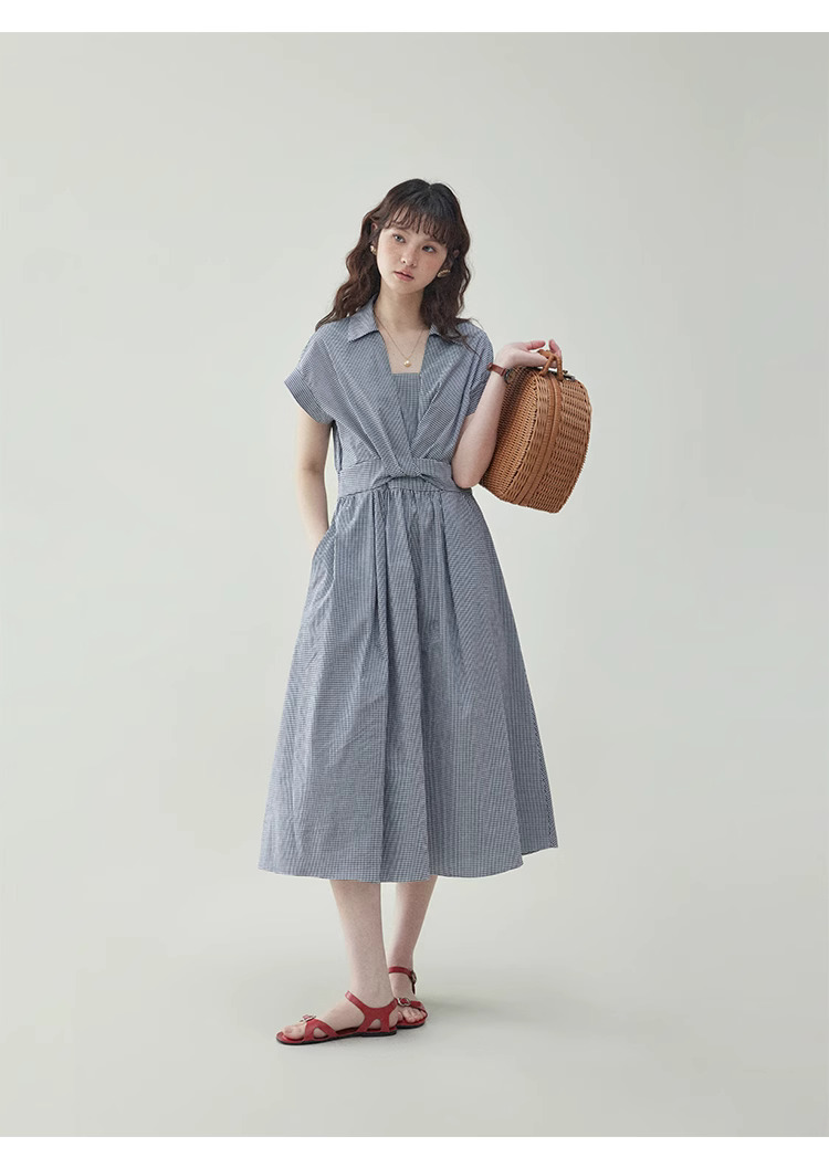 黑白格紋扭結短袖連身裙女夏季新款收腰a字中裙