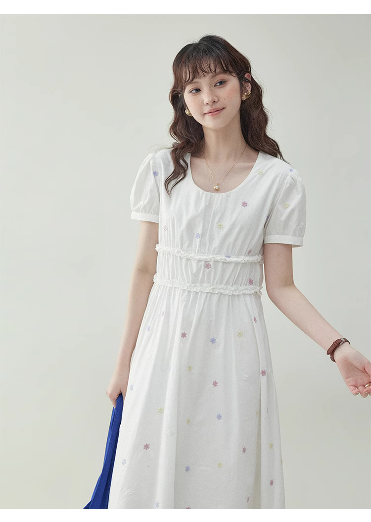 白色花邊純棉碎花洋裝女夏季新款收腰a字中裙