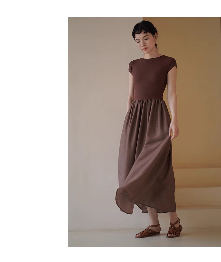 顯白特調赭紅彈性針織拼接大裙擺合身顯瘦梨形洋裝女