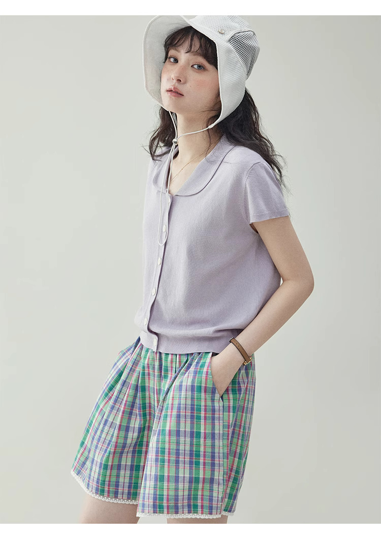 溫柔紫色娃娃v領針織衫女夏季新款短袖扣上衣