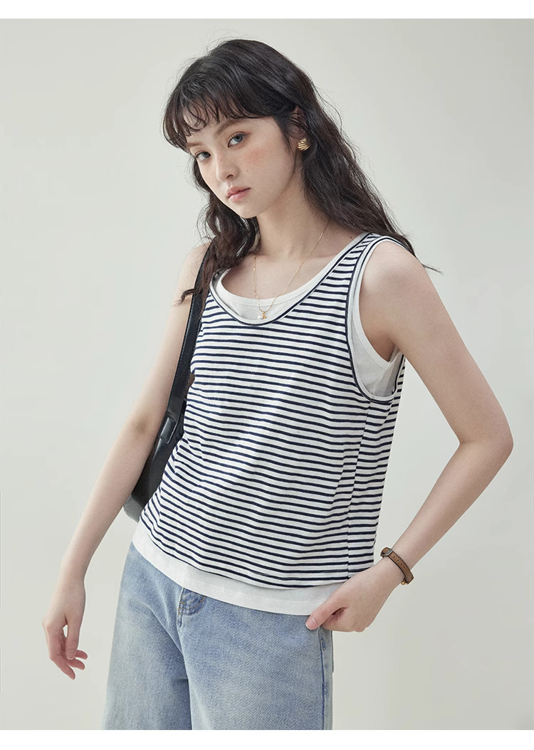 假兩件條紋無袖純棉T恤女夏季新款清涼背心上衣
