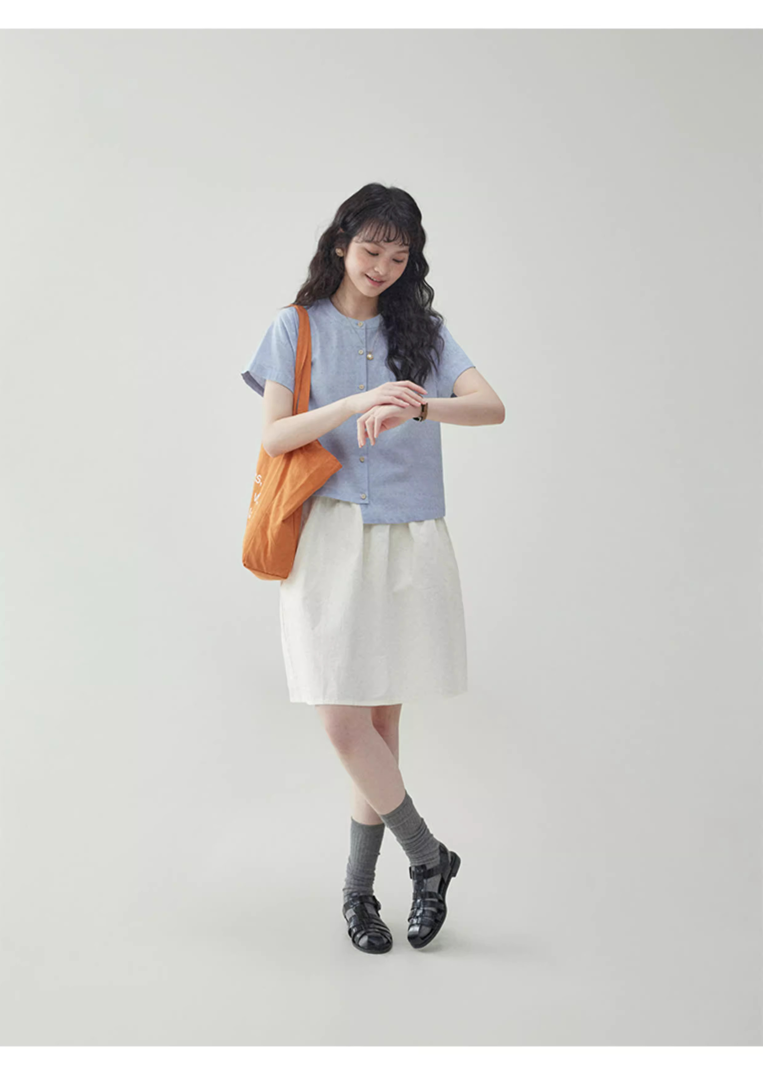 藍色不規則下擺純棉襯衫女夏季新款圓點短袖上衣