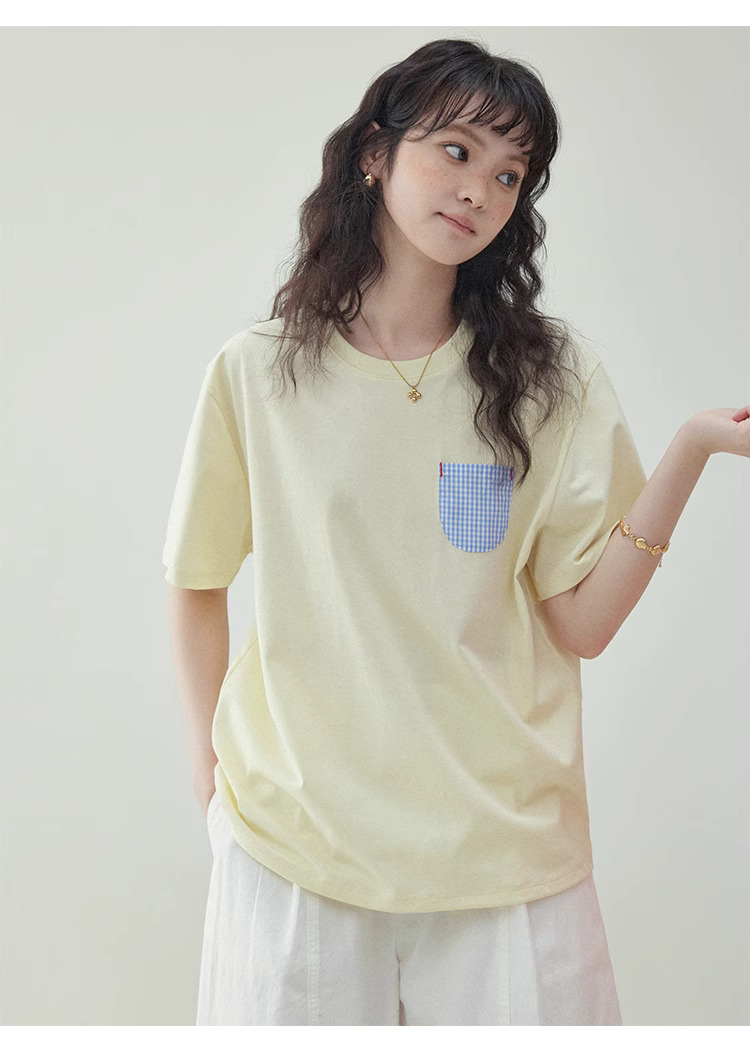 奶黃色藍格口袋純棉T恤女夏季新款減齡短袖上衣