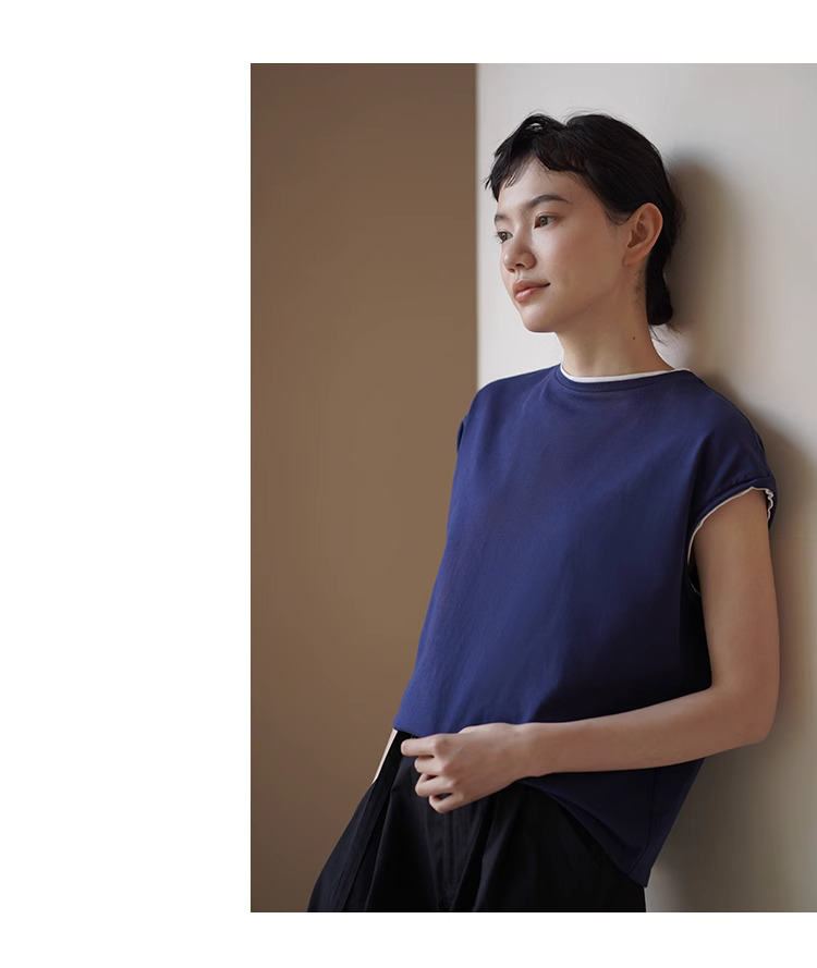 深夜海洋館T恤假兩件撞色短袖寬鬆圓領顯白100棉上衣女