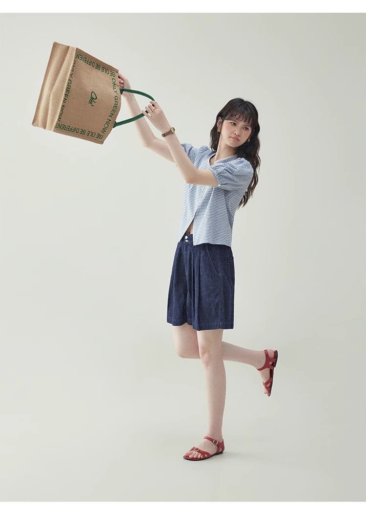 韓系深色高腰寬腿休閒牛仔褲女夏季新款寬鬆壓褶短褲