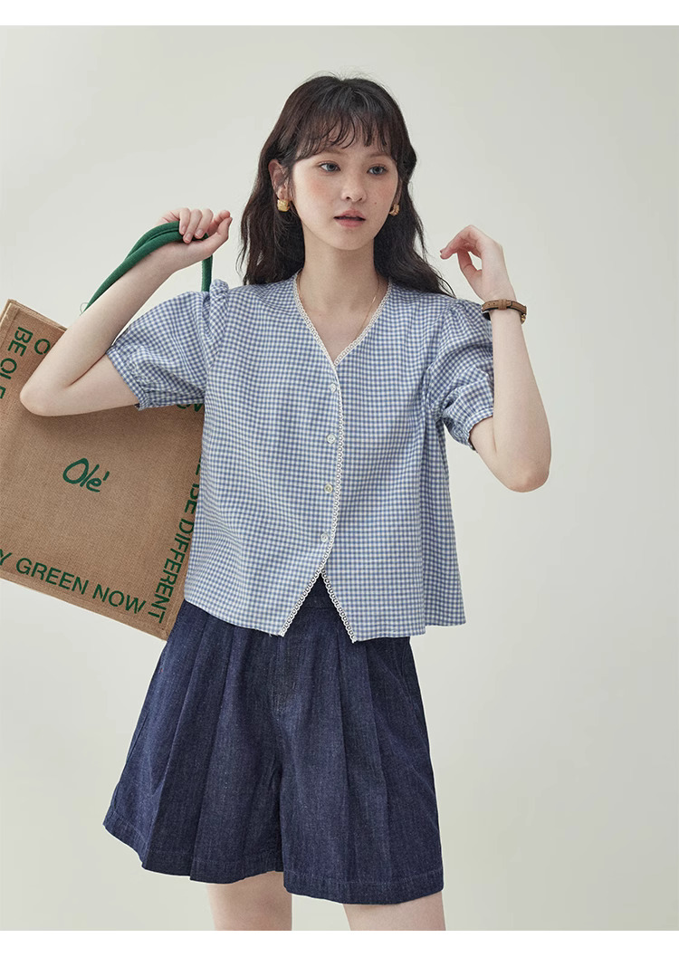 藍格泡泡袖短版純棉襯衫女夏季新款甜美寬鬆上衣