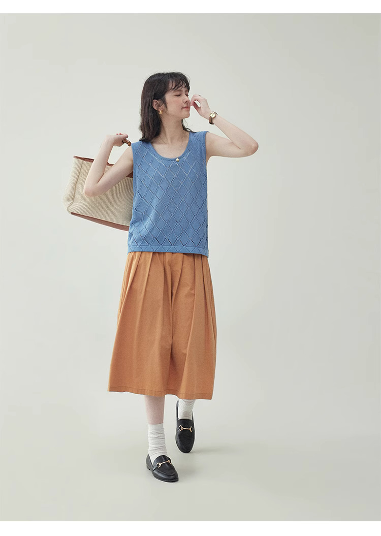 藍色菱格鏤空背心針織衫女夏季新款寬鬆無袖上衣