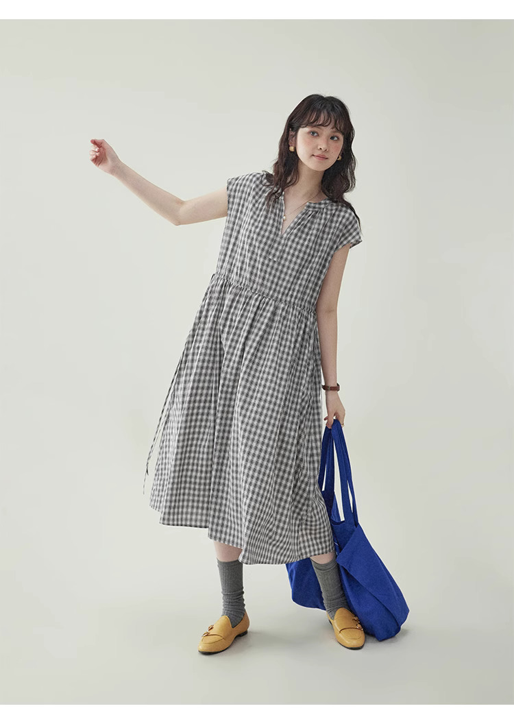 黑格抽繩v領純棉洋裝女夏季新款a字短袖中長裙