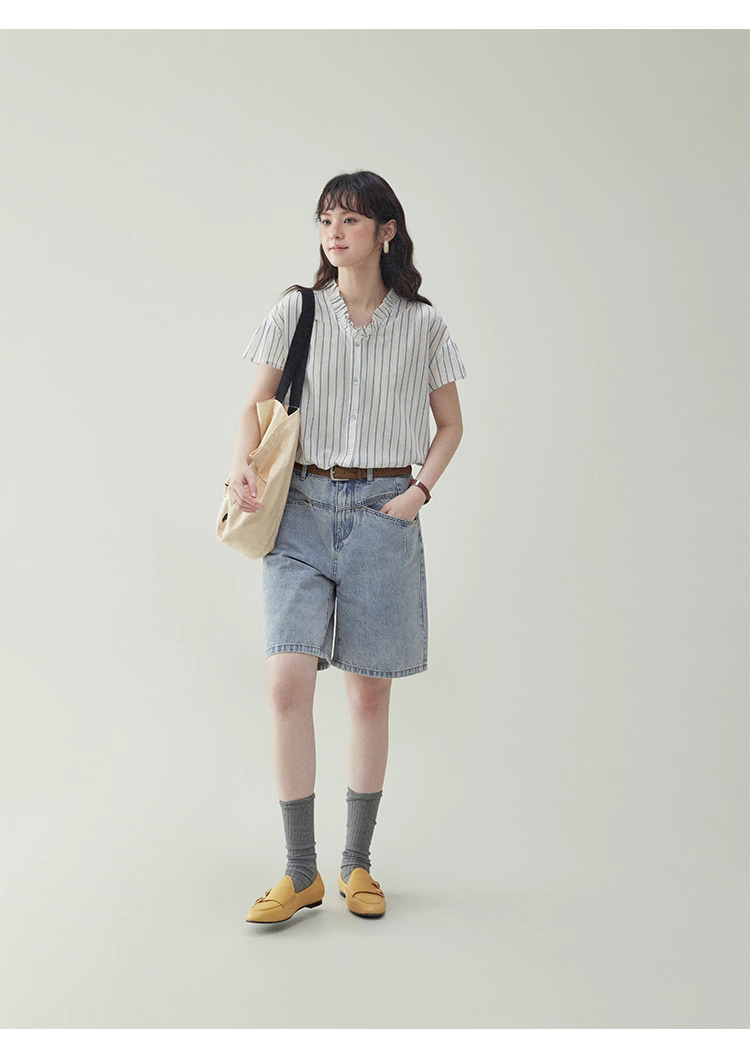 清爽豎紋花邊領短袖襯衫女夏季新款純棉寬鬆上衣