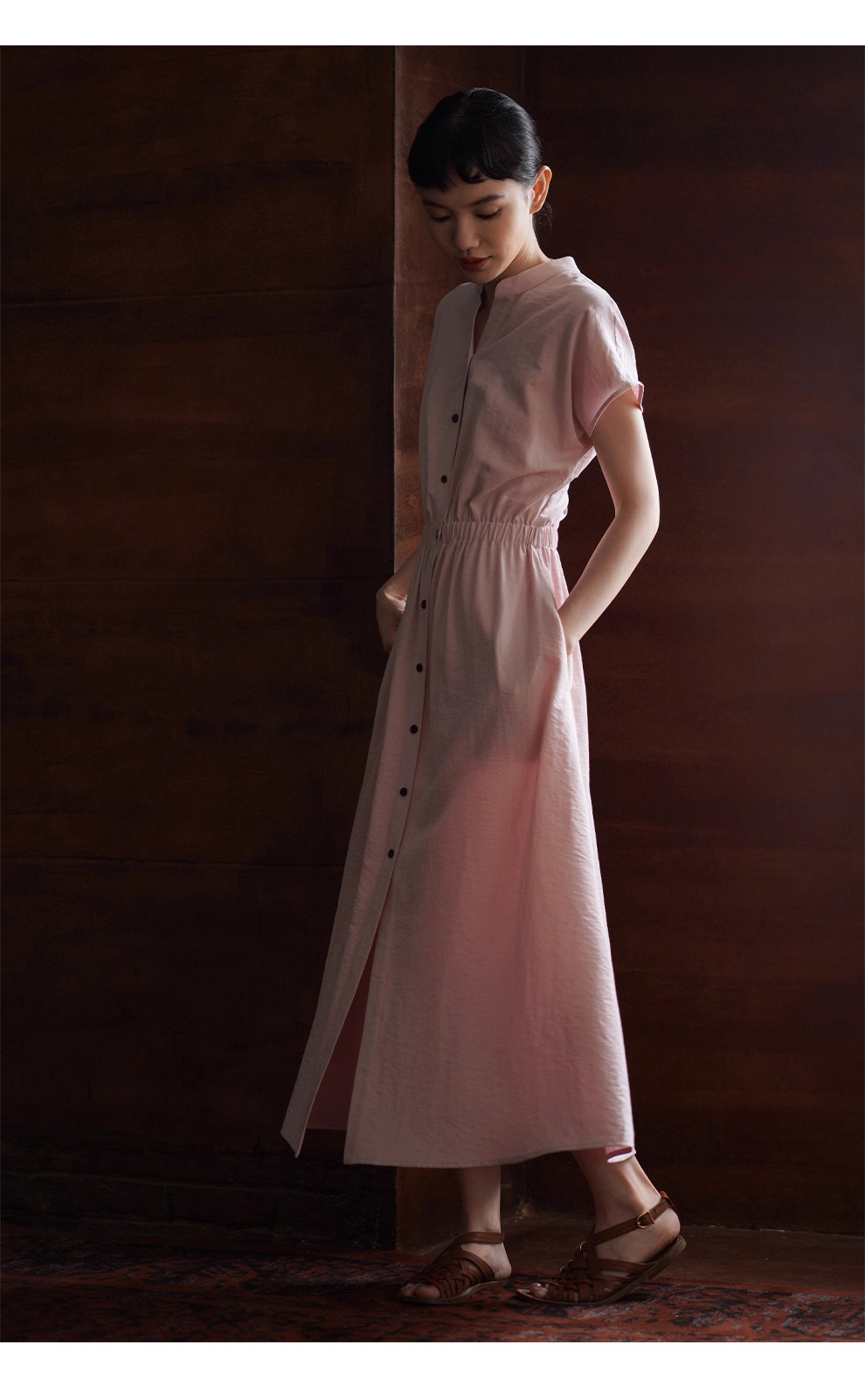 冰透粉晶洋裝寬鬆收腰短袖長撞色釦子立領襯衫裙子